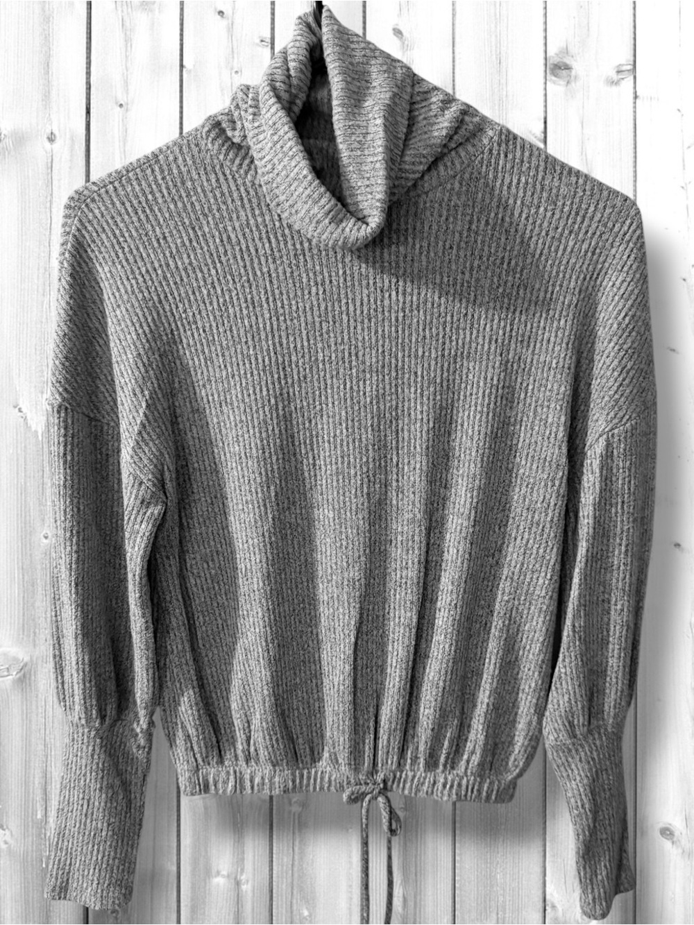 🌹Moa Moa Gray Ribbed Cowl Neck Drawstring Sweater